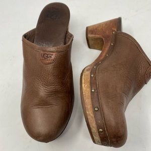 Ugg Abbie Brown Leather Stud Trim Wood Platform Heel Clogs #5933 Size 9